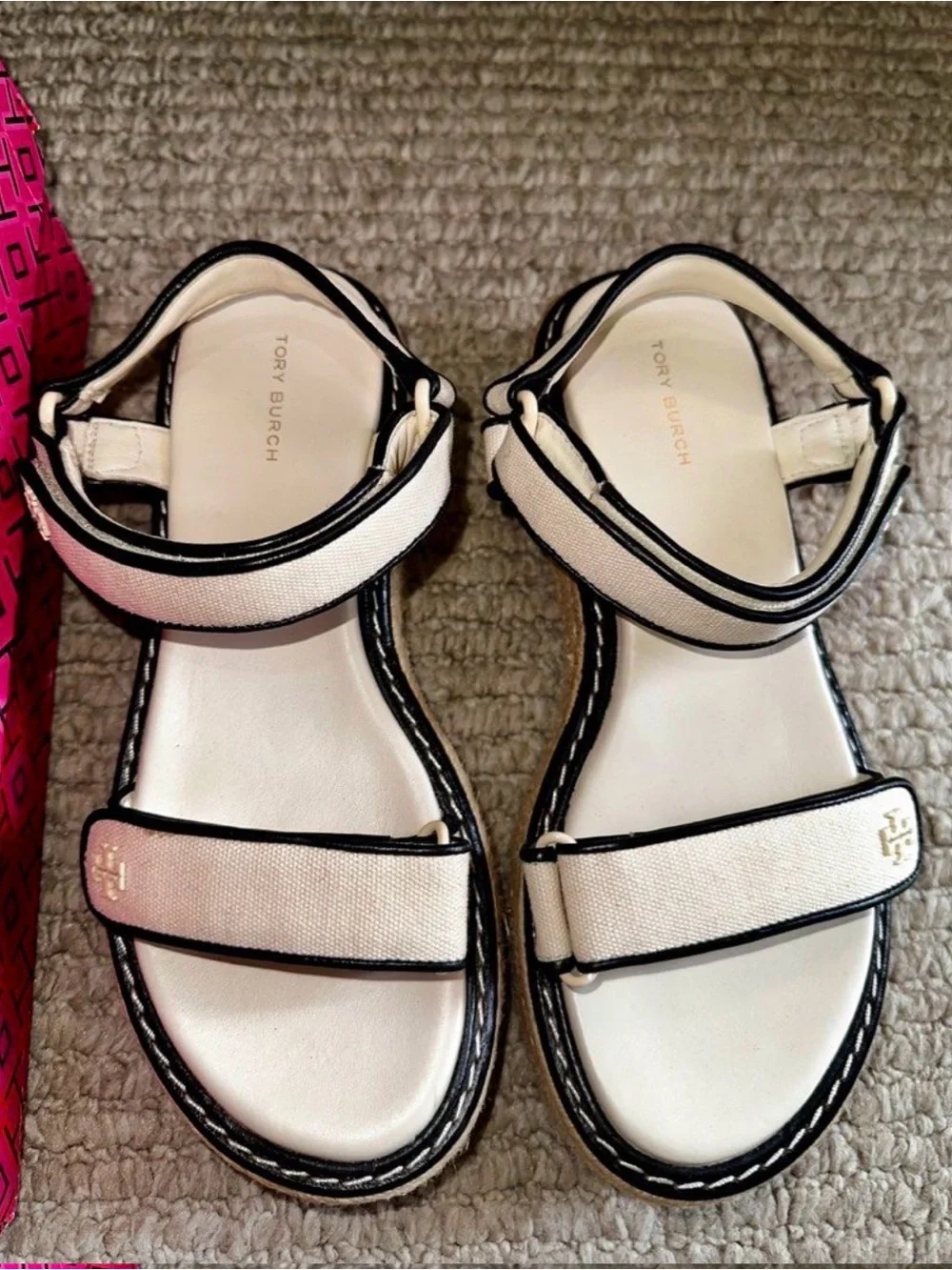 Tory Burch White Canvas Espadrille Sandal with Black Trim